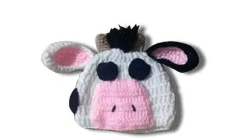 Hand-knitted white newborn cow suit with matching hat and trousers for 0-3 month babies
