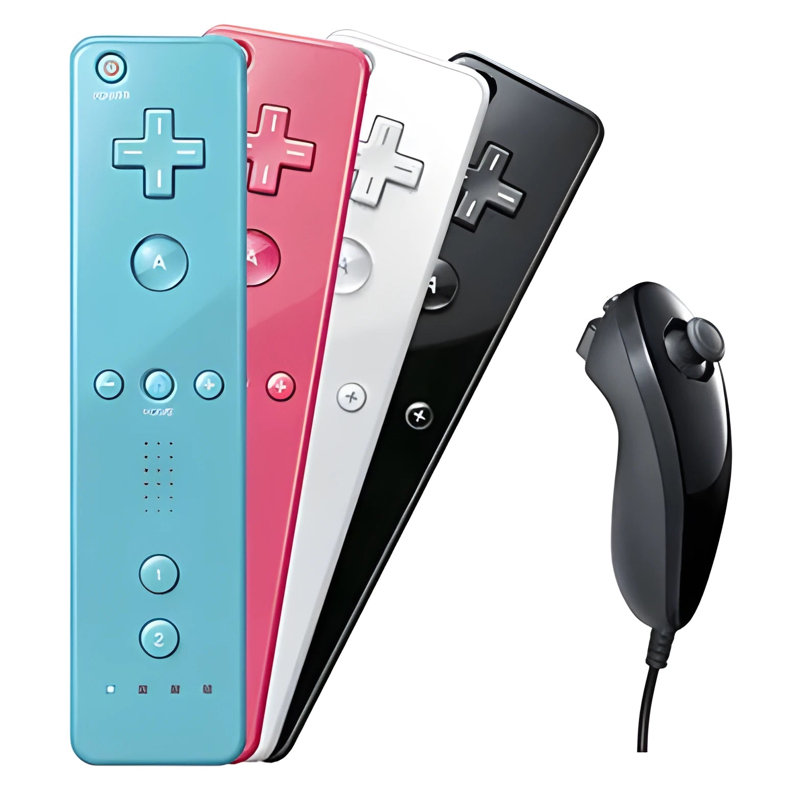 Wii left and right wireless gamepad controllers with rubber grip sleeve, hand rope, and infrared sensor.