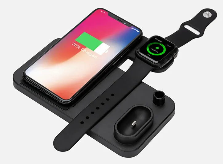 4-in-1 wireless charging station with phone, Apple Watch, and AirPods on adjustable magnetic stand