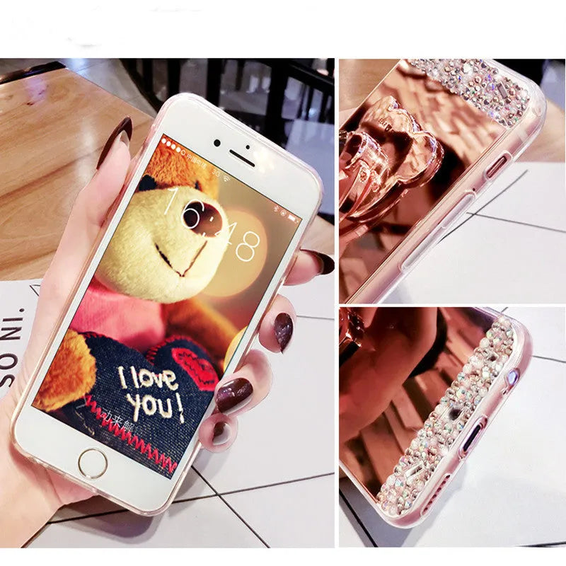 Handmade rhinestone silicone phone case for iPhone 13 in rose gold