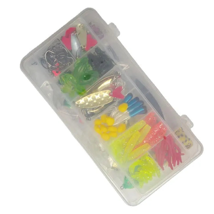 142-piece fishing lure suit showing hard plastic mino baits, metal spoons, sequins, hooks, and stainless steel fishing pliers