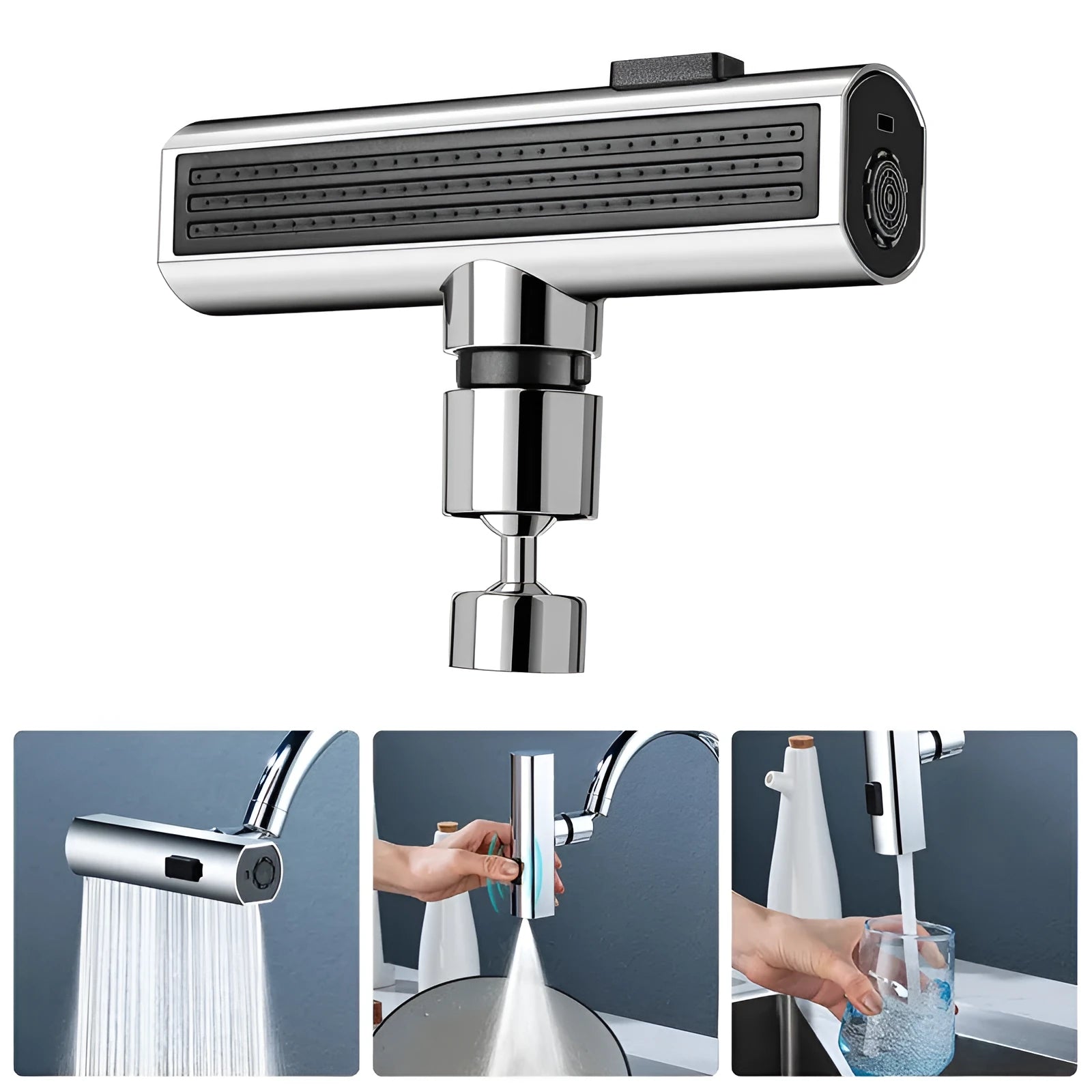 Black kitchen faucet waterfall outlet connector with rotating bubbler and pull-down sprayer