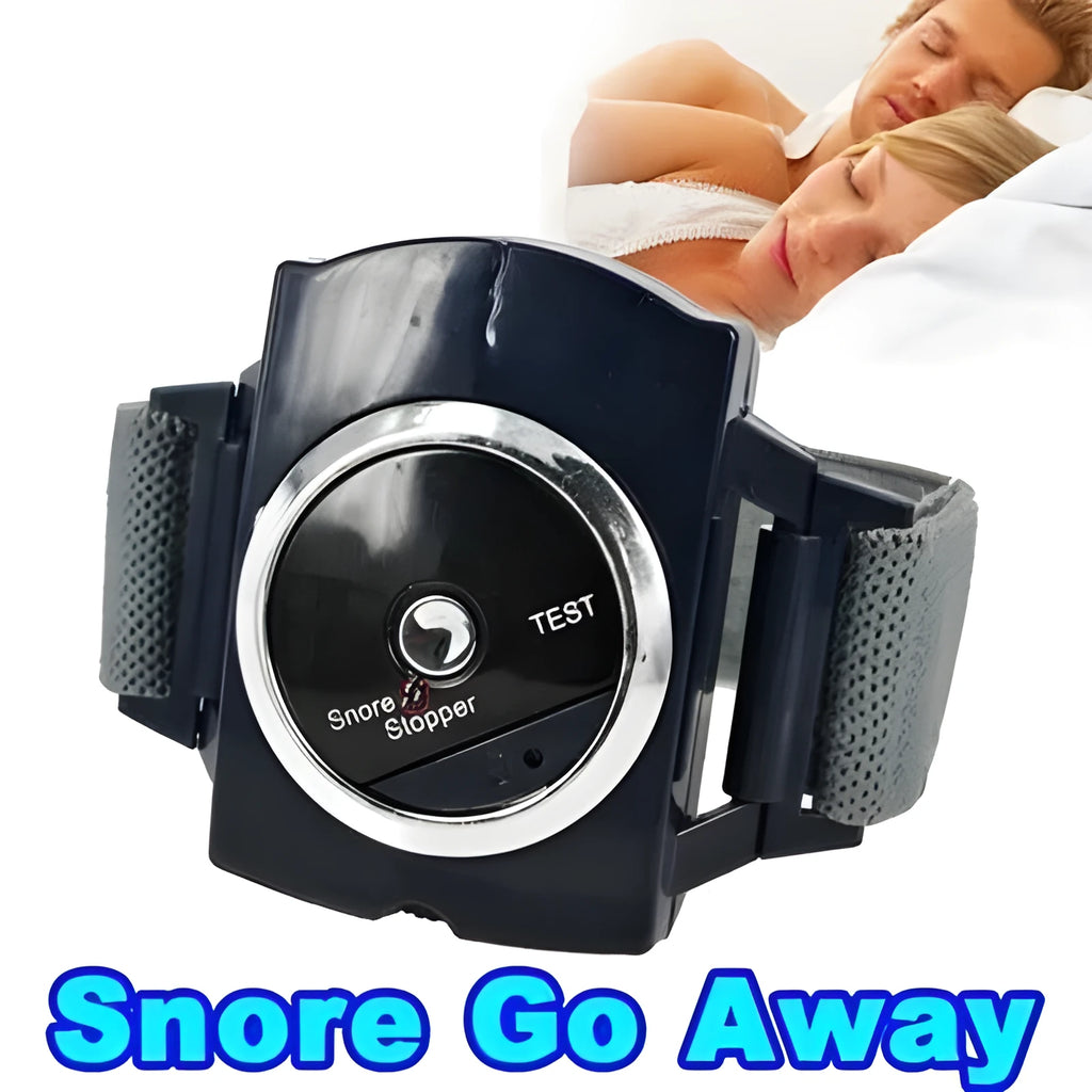 Black ABS anti snore wristband with biosensor and infrared therapy displayed on a flat surface