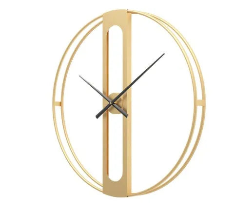 Round metal wall clock with 50 cm diameter in black or gold finish on a wall