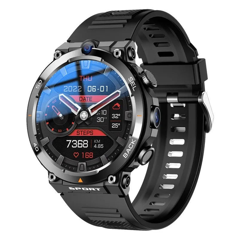 Sports smartwatch with dual cameras on a wrist, showing TFT touchscreen display.