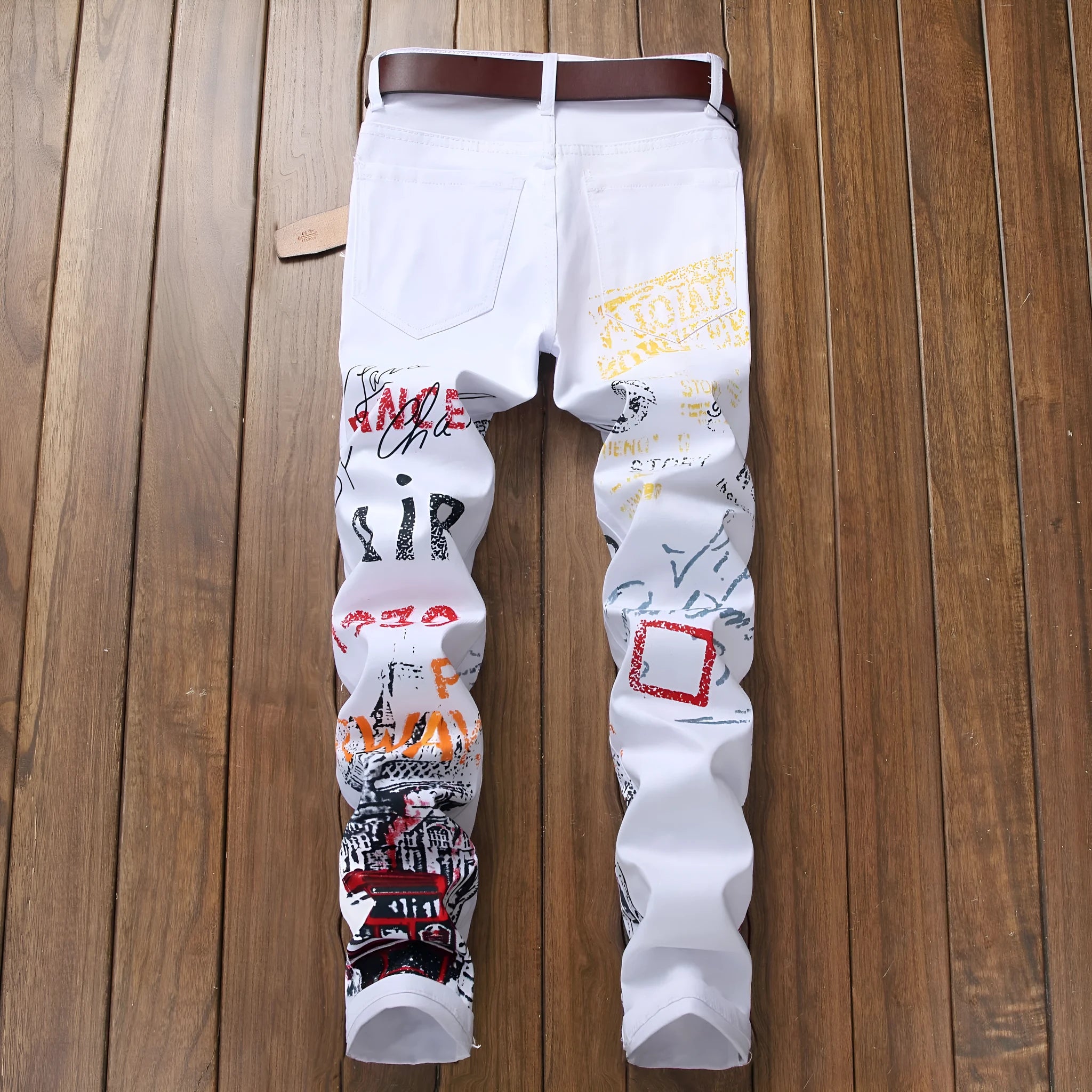High Street Fashion mens tight fit jeans with 3D colour print mid waist zip placket small straight leg black cotton trousers