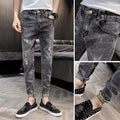 Men's high waist cotton jeans with button fly and tapered leg in picture colour
