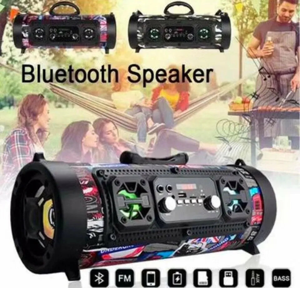 High-power portable wireless Bluetooth speaker with ABS casing, USB port, and controls; available in black.