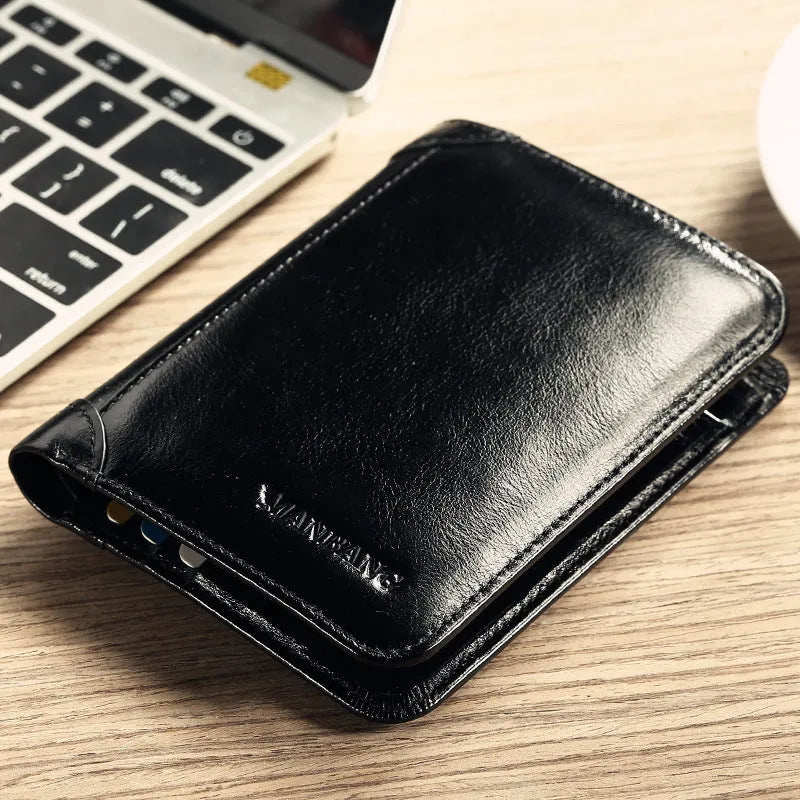 Men's brown leather bifold wallet open to show card slots, coin pocket, and banknote compartment.