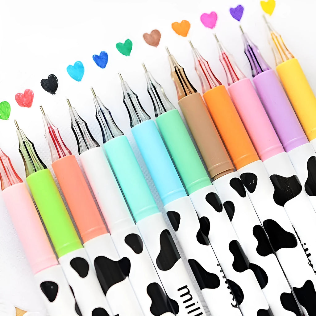 Box of 12 cow colour gel pens with 0.38mm tips showing assorted plastic barrels.