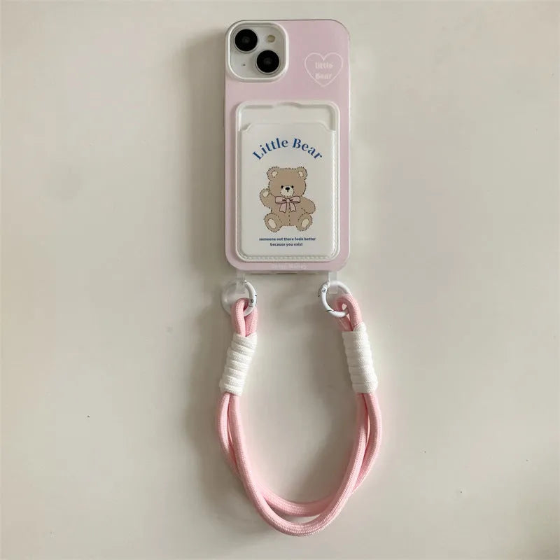 Pink bear TPU phone case with card holder and lanyard for iPhone 13
