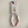 Pink bear TPU phone case with card holder and lanyard for iPhone 13