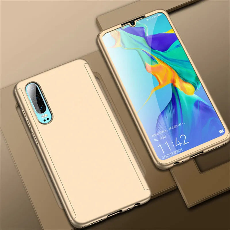 Full cover hard PC phone case for Huawei with tempered film, solid colour back