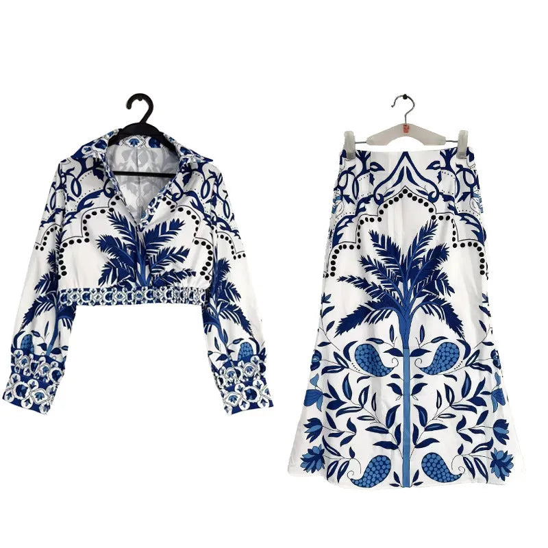 Women's early spring two-piece casual outfit with long sleeve top and long skirt