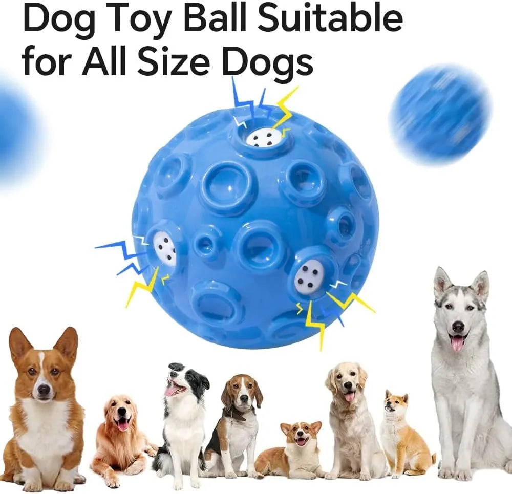 Colourful dog toy ball with textured meteorite bumps for teeth cleaning and squeaky sound