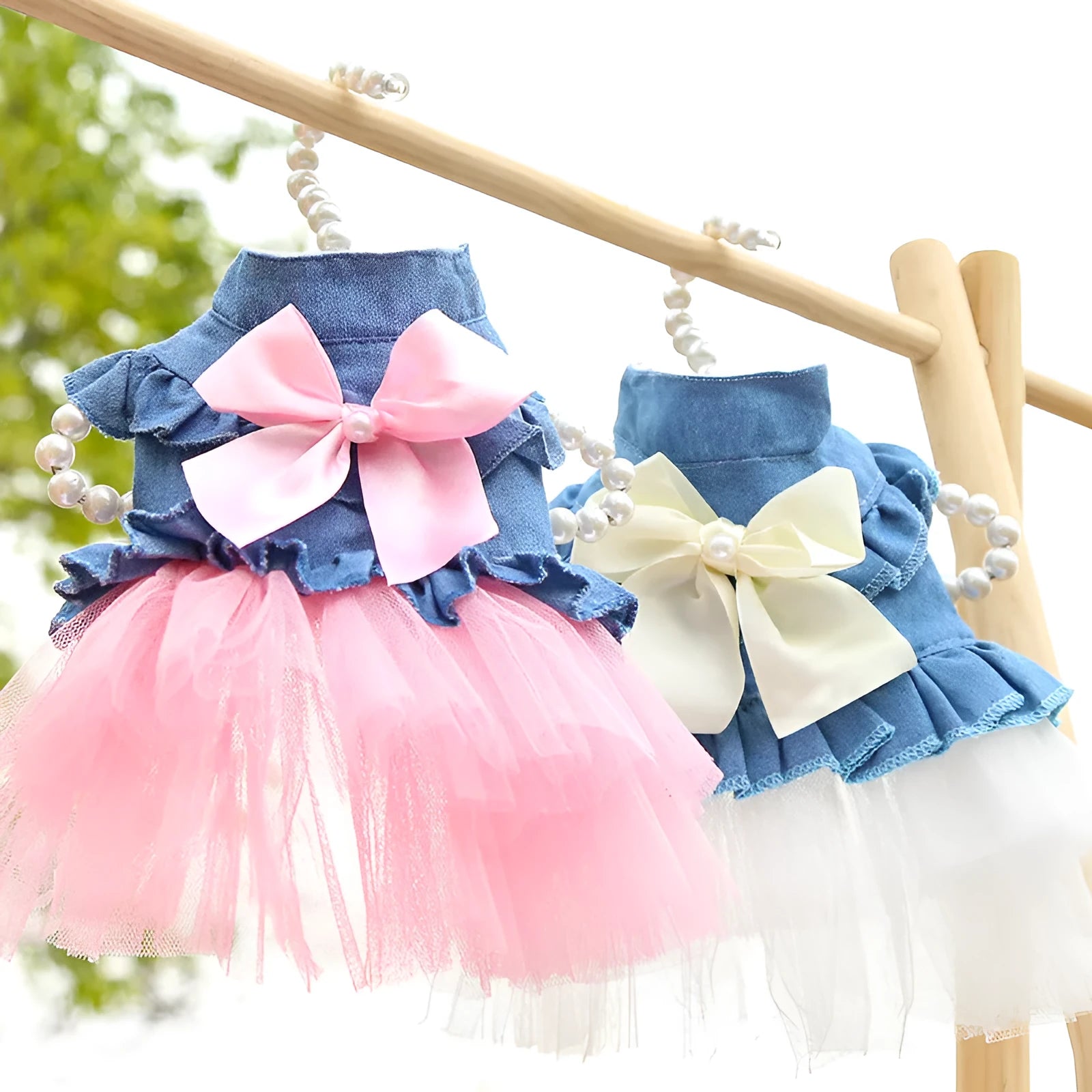 Korean design pet denim skirt with creative bow detailing in pink or white yarn for small to medium dogs