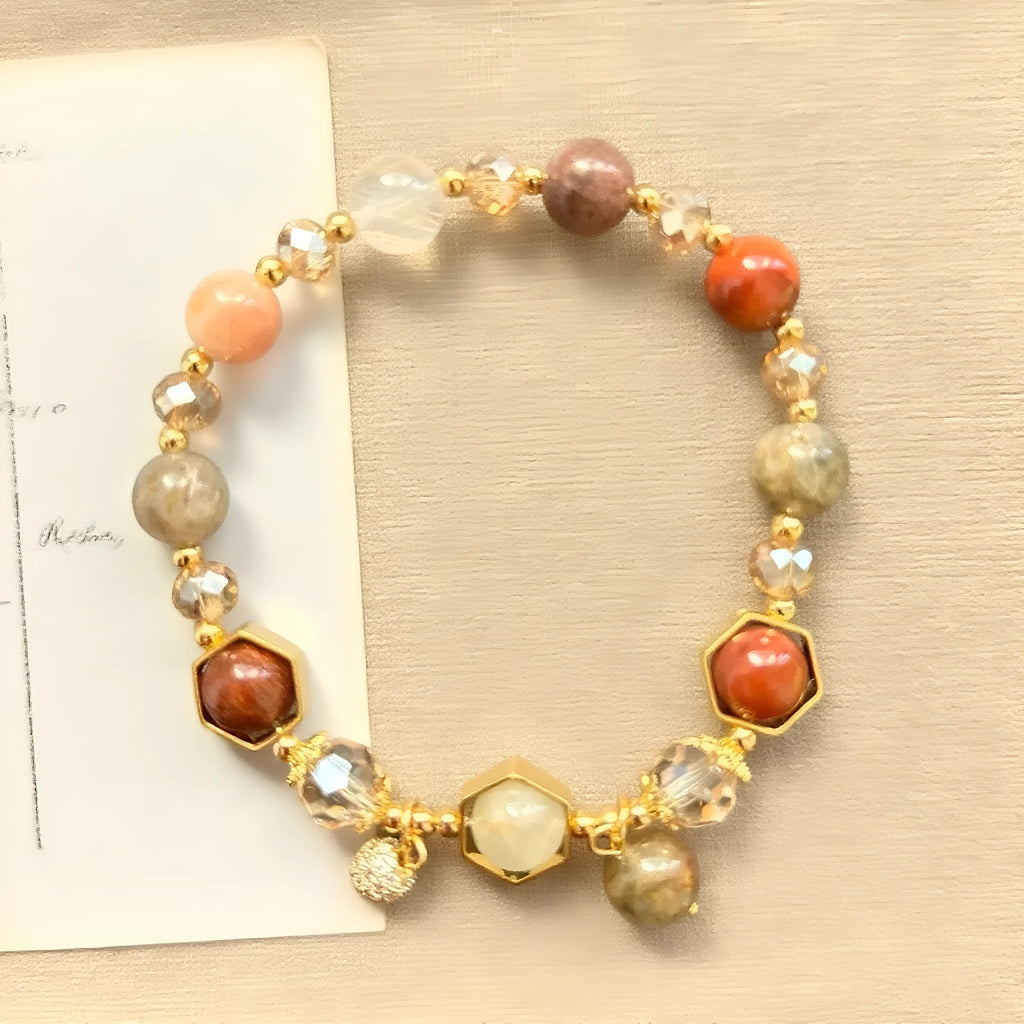Gold luxury bracelet with 8mm crystal beads featuring constellation modelling and auspicious symbol ornaments