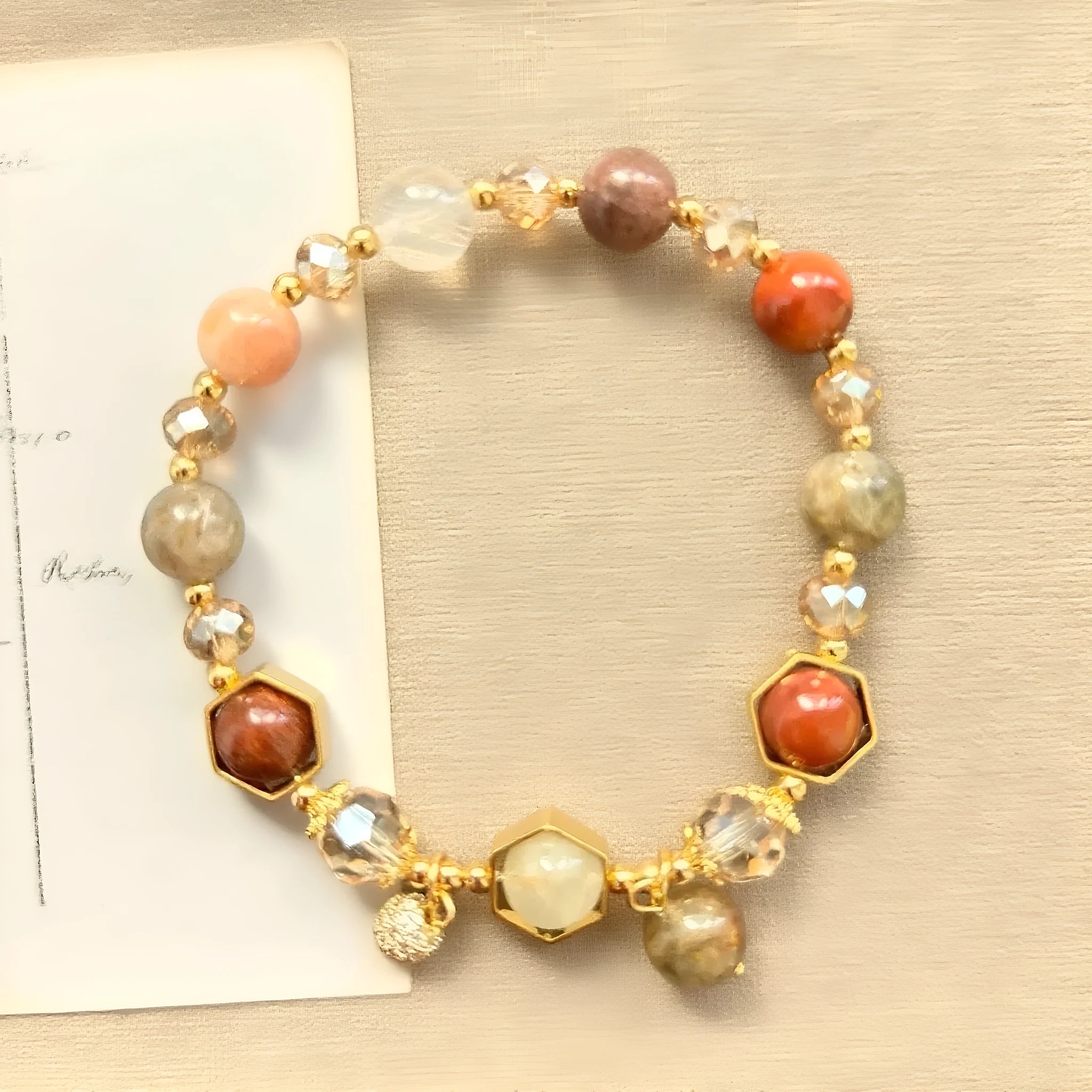 Gold luxury bracelet with 8mm crystal beads featuring constellation modelling and auspicious symbol ornaments