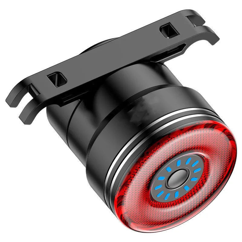 Black USB rechargeable aluminium smart brake sensing bicycle taillight showing front and side views.