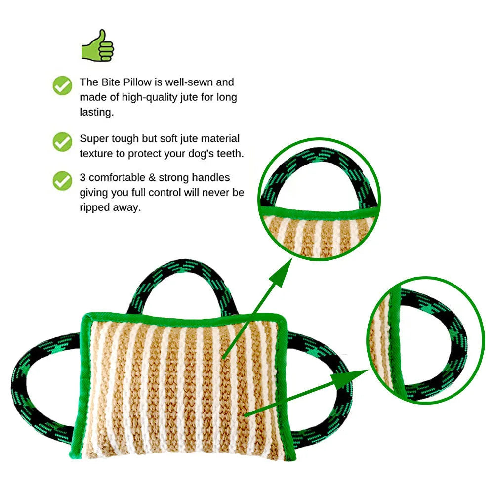 Blue dog tug toy with jute bite pillow and three rope handles for tug of war.