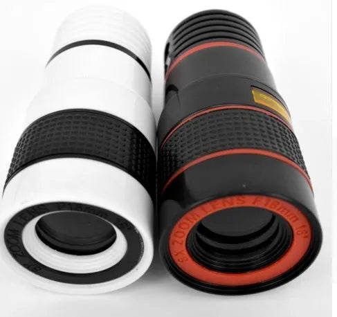 Black 12X phone telescope lens with mounting clip on a mobile phone