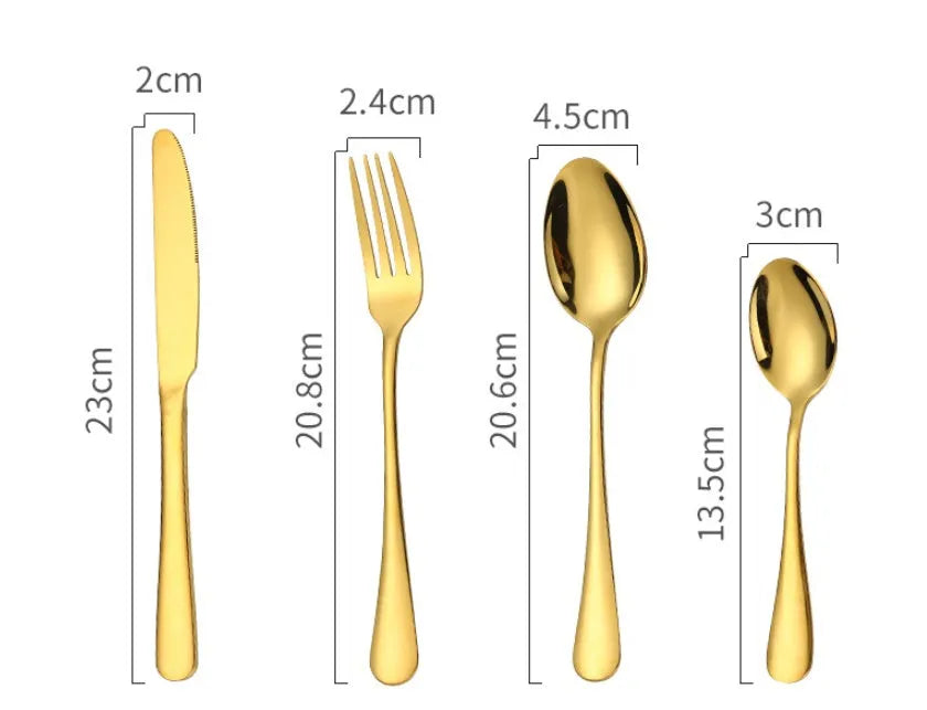 24 piece stainless steel tableware set showing knives, forks, and spoons in multiple colour finishes