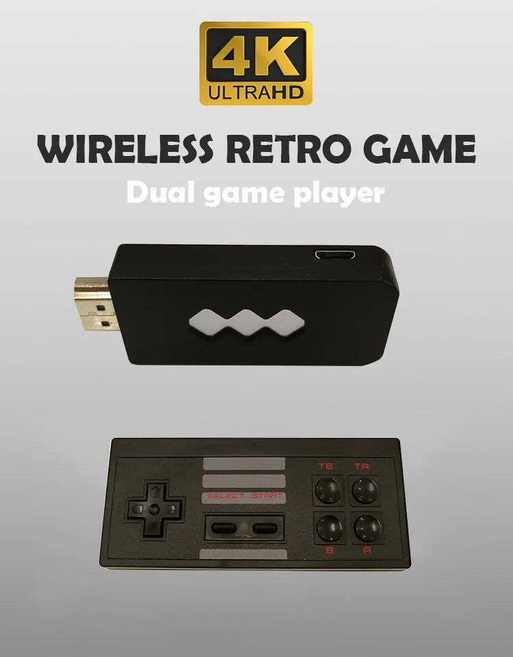 Black HD TV game console with wireless controller and USB cable on a table, showing built-in classic games