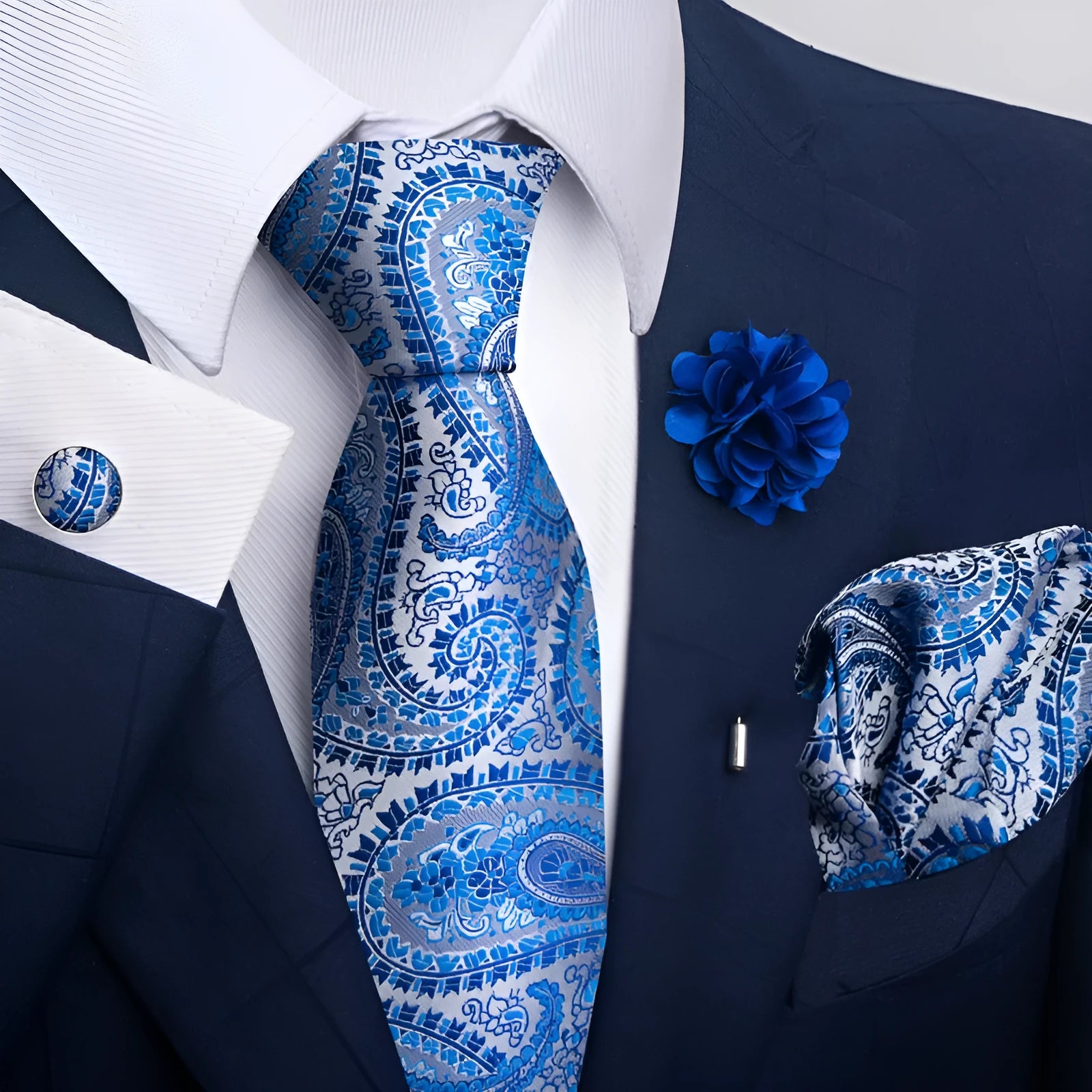 Men's floral embroidery tie and pocket square set in polyester yarn with jacquard weave, 147cm length