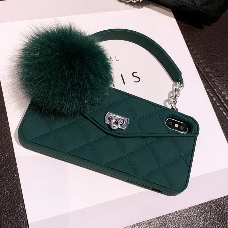 TPU iPhone back cover case with a soft hairball texture in a dark green grid pattern