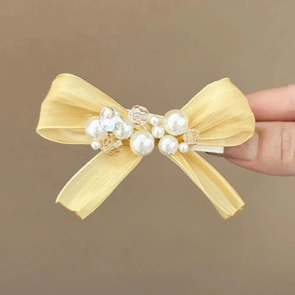 Yellow fabric bow barrettes with rhinestone pearl duckbill clip hair accessories