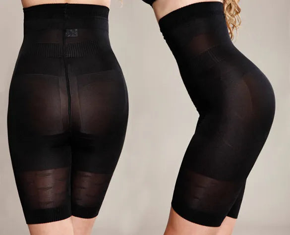 Women's black seamless high waist shapewear shorts laid flat on a white background.