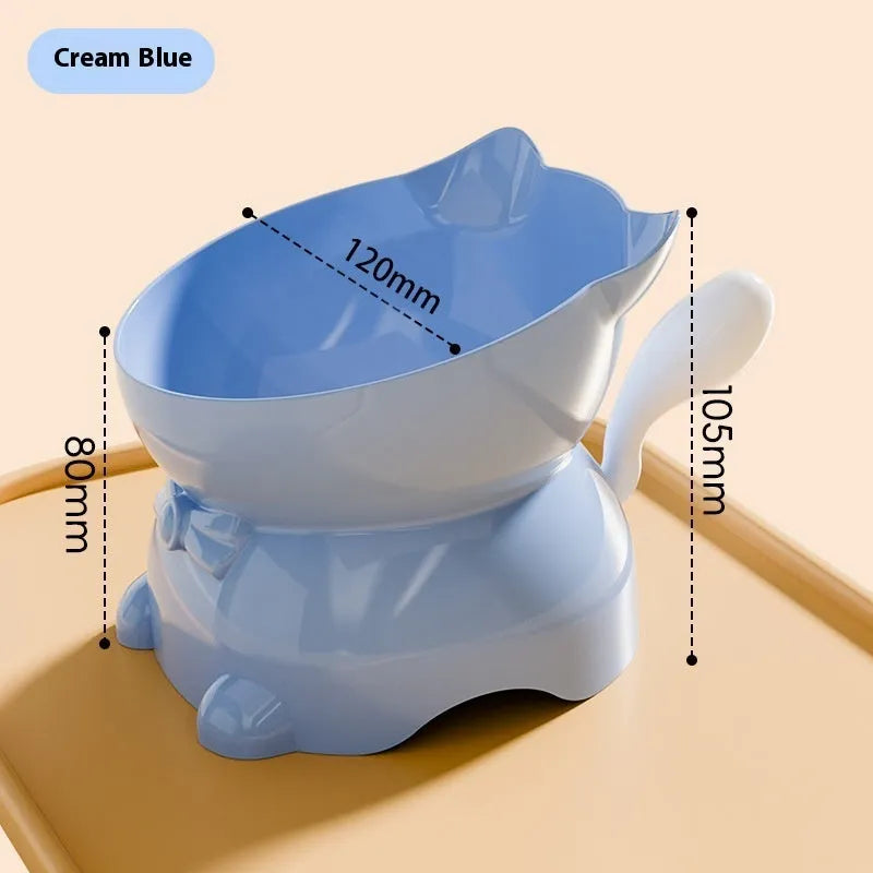 Stainless steel oblique cat bowl with a non-slip silicone base in blue colour.