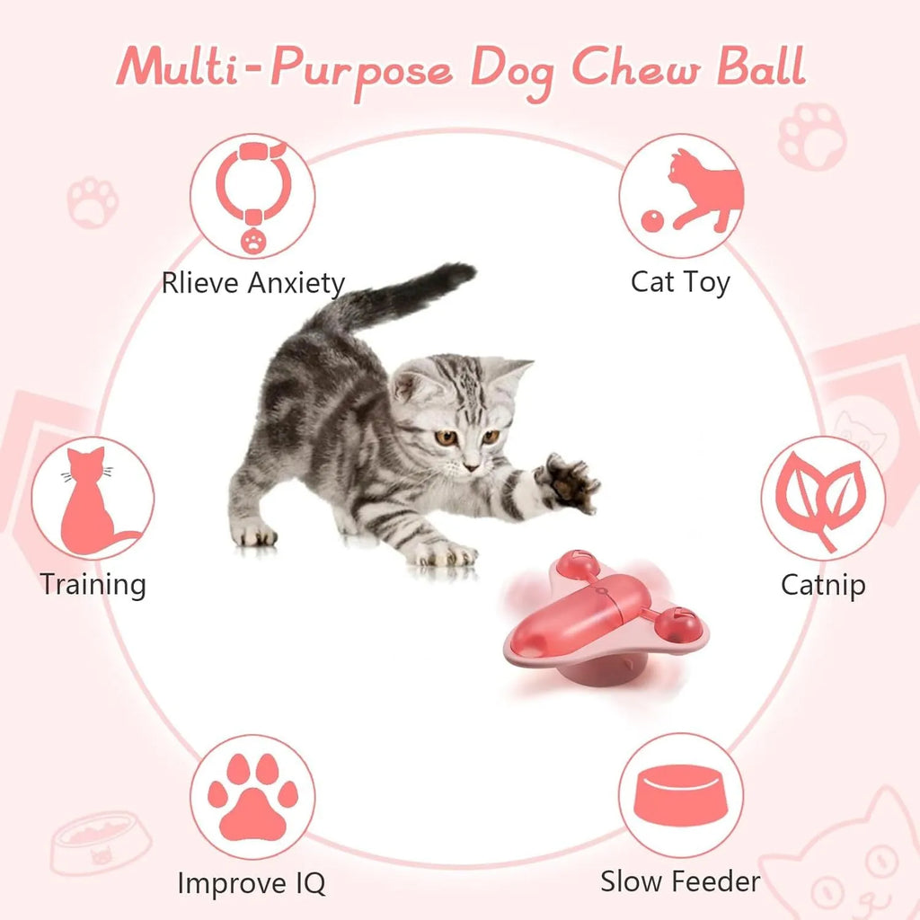 Interactive pet puzzle feeder with suction cup base showing bell, catnip and snack cabin components