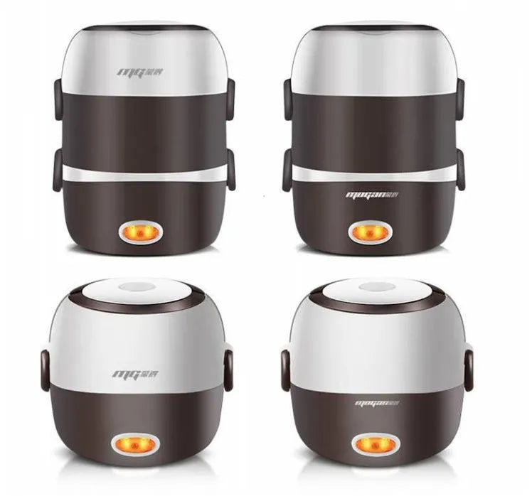 White rice cooker with stainless steel steaming basket, 2 litre capacity, 200w power rating