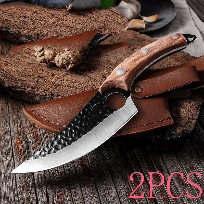 Butcher scimitar knife with curved blade and leather sheath for slaughtering and skinning animals