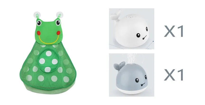 White and blue electric whale bath toy spraying water with flashing lights on a bathroom surface.
