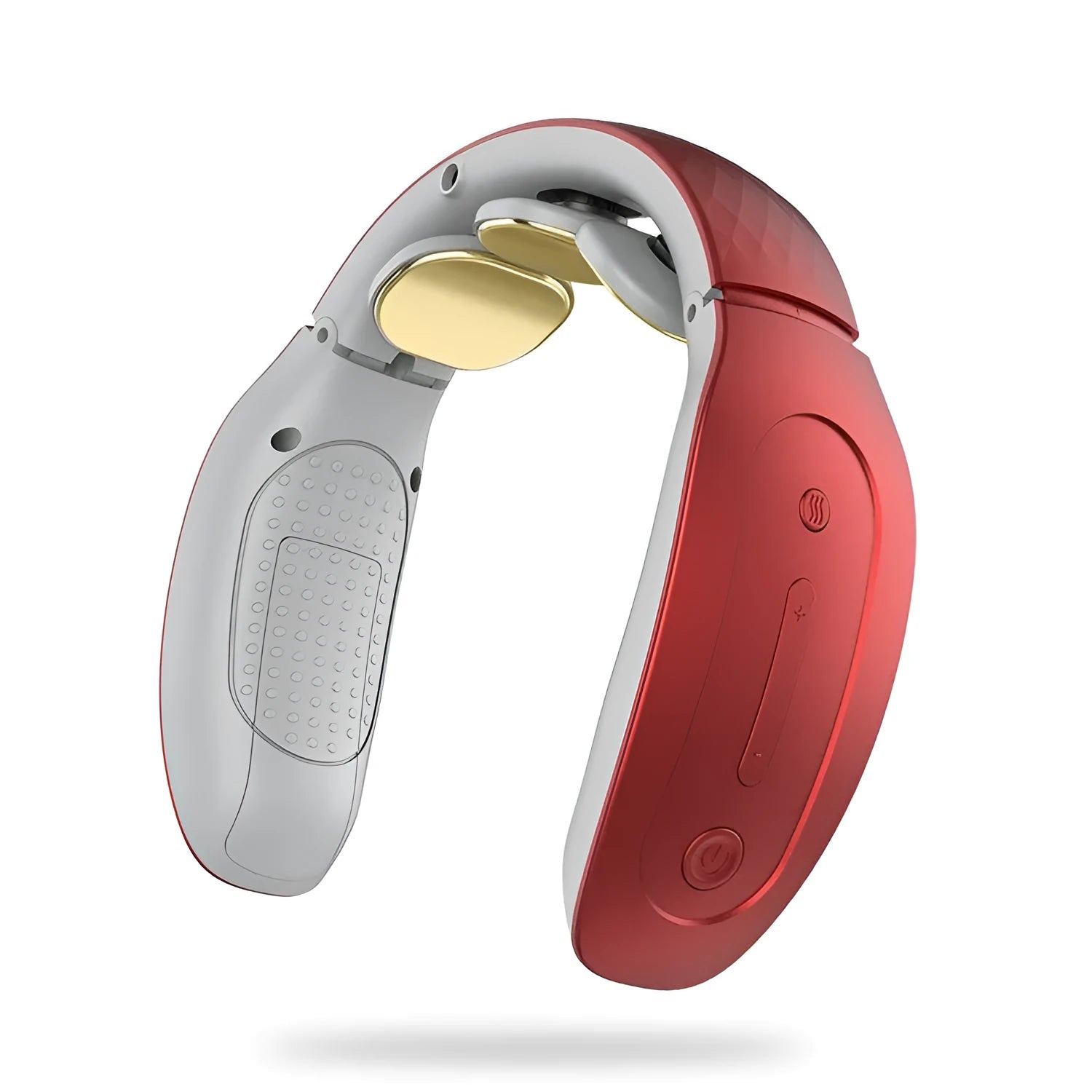 Red and white intelligent cervical massager unit with handheld design and multiple massage modes.
