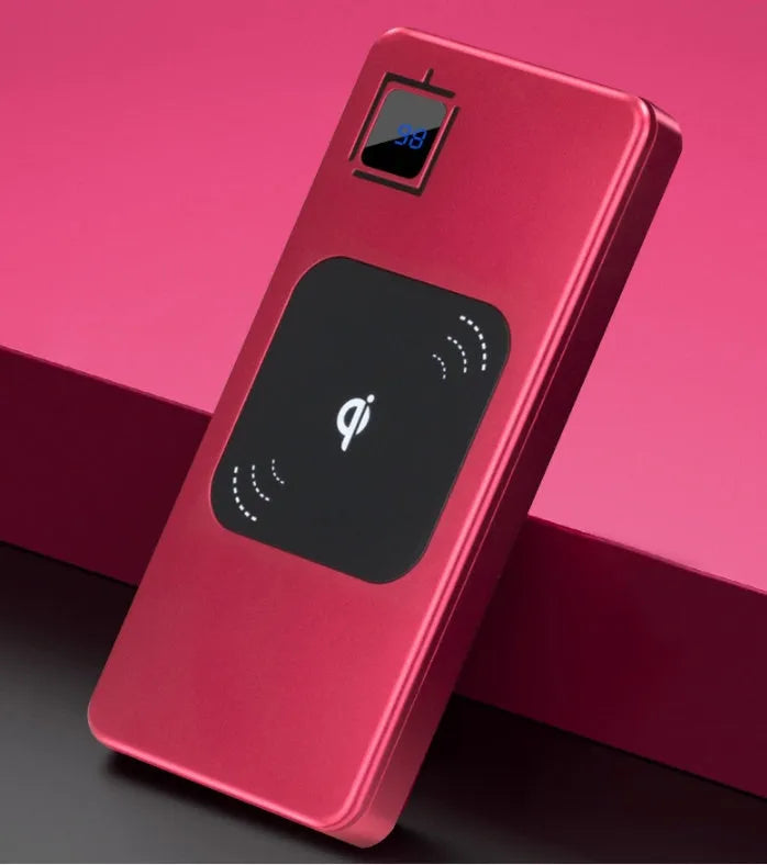 A black portable power bank with an LCD screen showing battery percentage, alongside silver, red, and blue colour options.