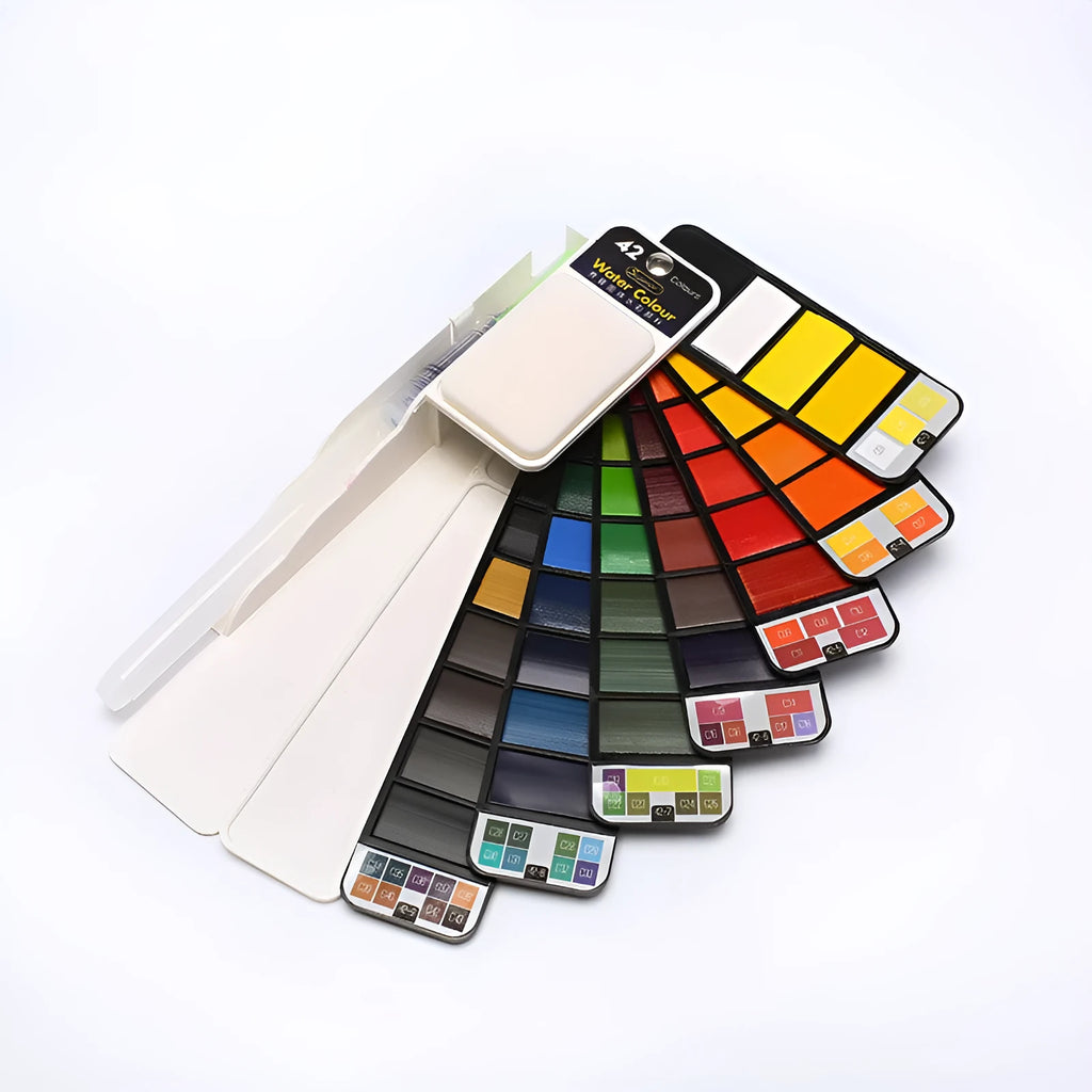 Fan-shaped foldable solid watercolour paint set in transparent plastic box with fountain pen and sponge.