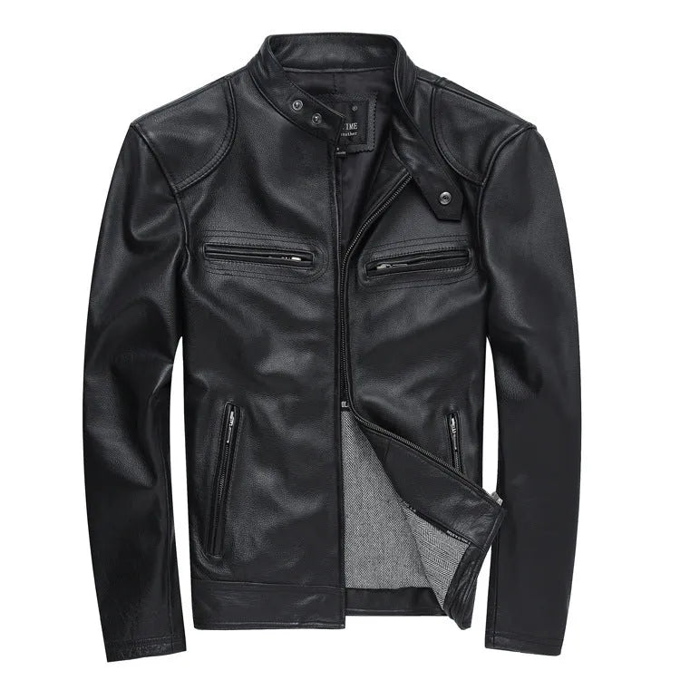 Men's black PU leather casual biker jacket with front zip, available in sizes M to 3XL