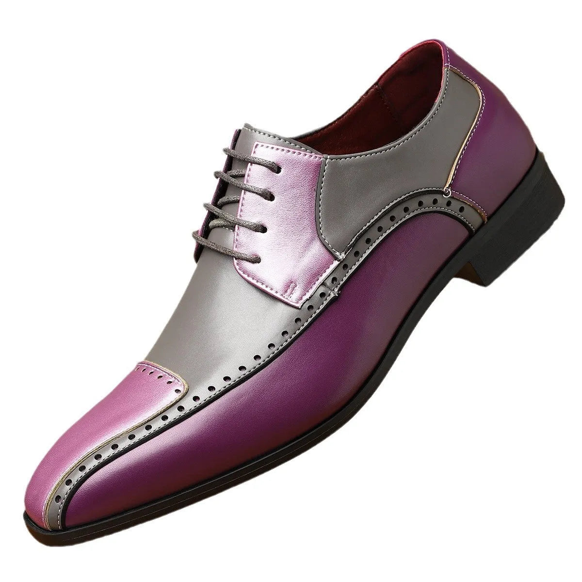 Men's artificial PU leather business shoes in black, green and purple colours with low-top design