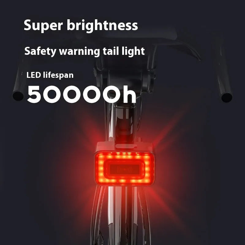 Smart radar detection bicycle taillight with double bracket mount, showing Type-C charging port.