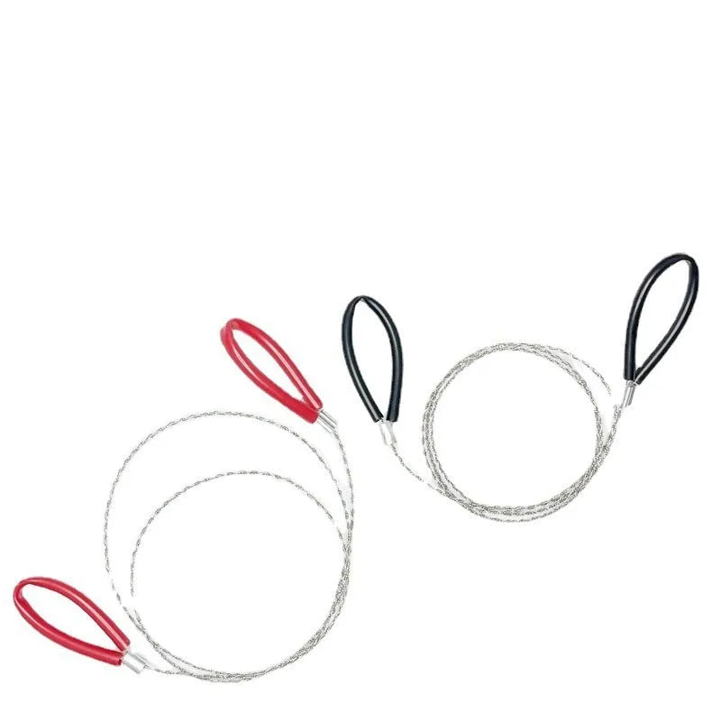 A black or red leather case containing a coiled stainless steel survival wire saw, approximately 70 cm long.