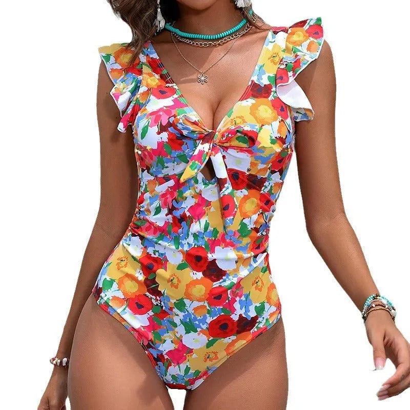 Women's printed one-piece swimsuit in polyester fabric for hot springs and swimming