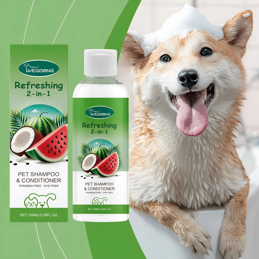 A 100ml bottle of pet 2-in-1 shampoo and fragrance shower gel for dogs and cats.