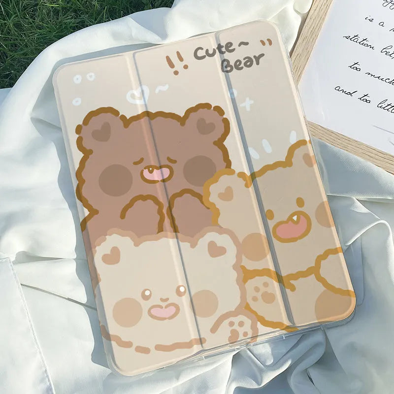 Silicone tri-fold iPad protective case with cartoon rabbit pattern, shown in stand mode.