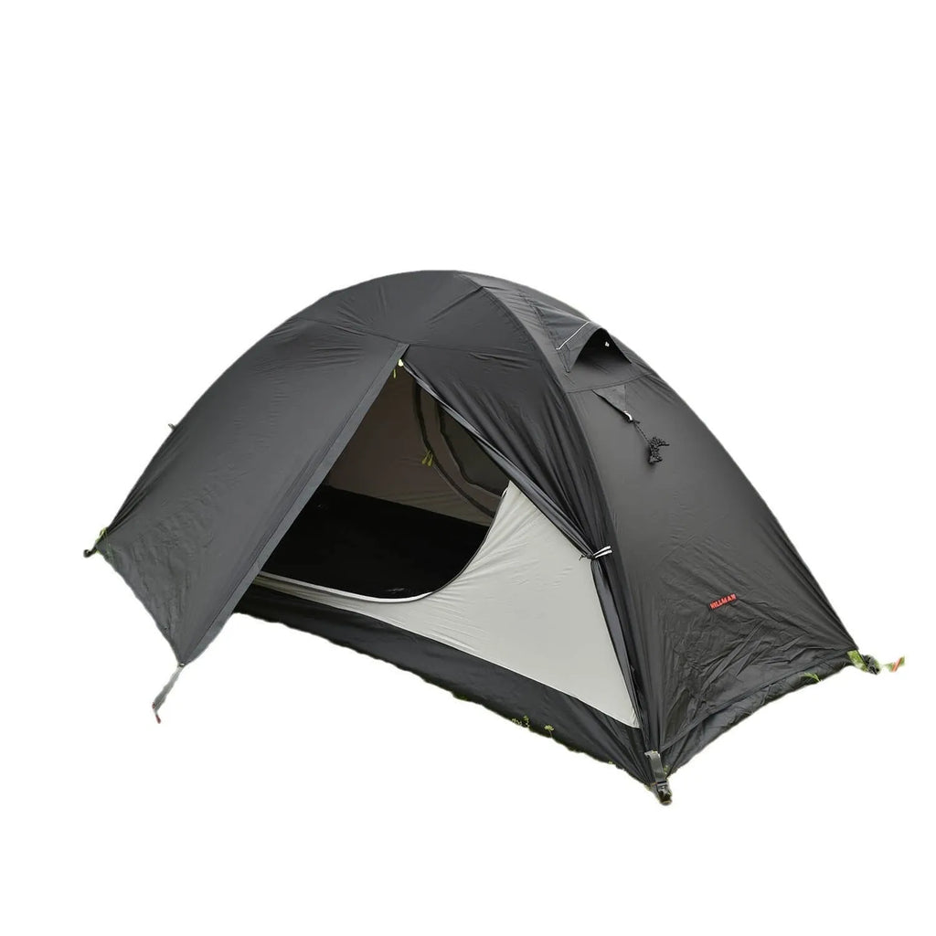 Single person lightweight tent in red colour with aluminium poles, shown expanded.