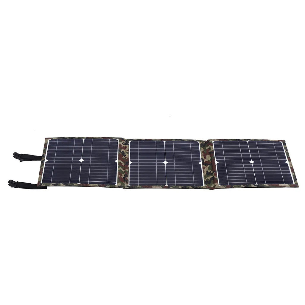 Black foldable 36W solar panel with monocrystalline cells showing folded dimensions of 87cm by 28.5cm