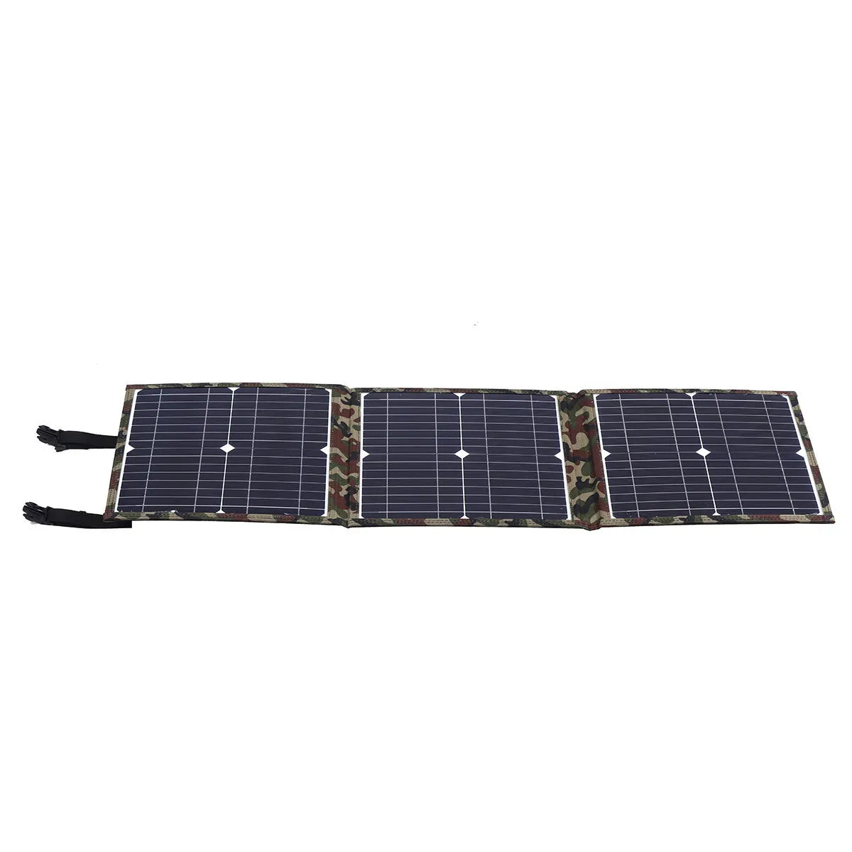 Black foldable 36W solar panel with monocrystalline cells showing folded dimensions of 87cm by 28.5cm