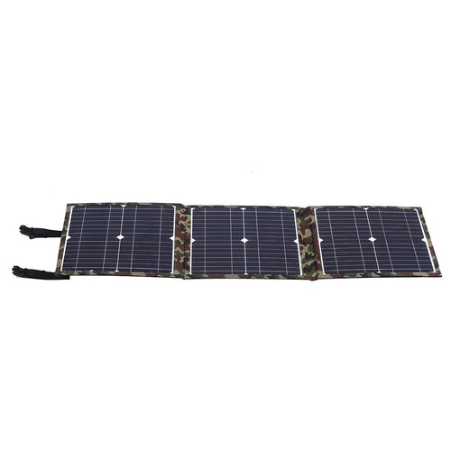 Black foldable 36W solar panel with monocrystalline cells showing folded dimensions of 87cm by 28.5cm